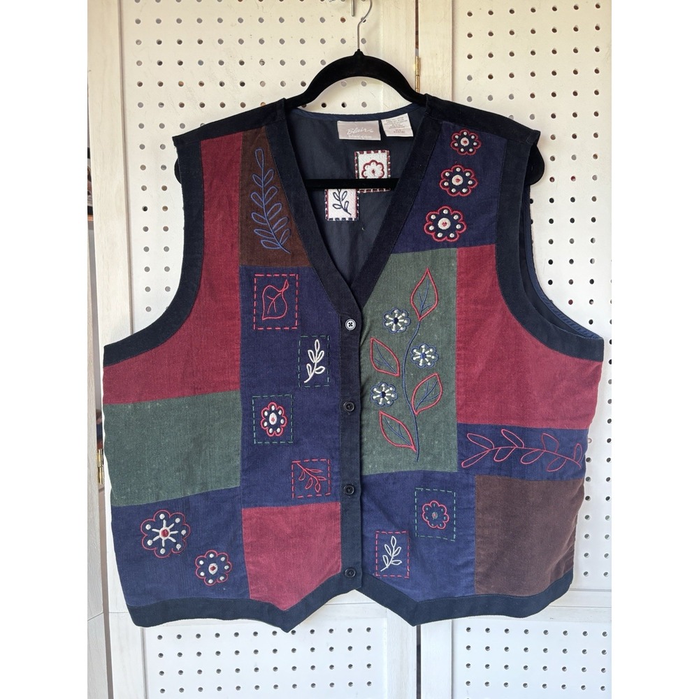 VTG Blair Patchwork Corduroy Fall Autumn Vest Women's XL Embroidered Button